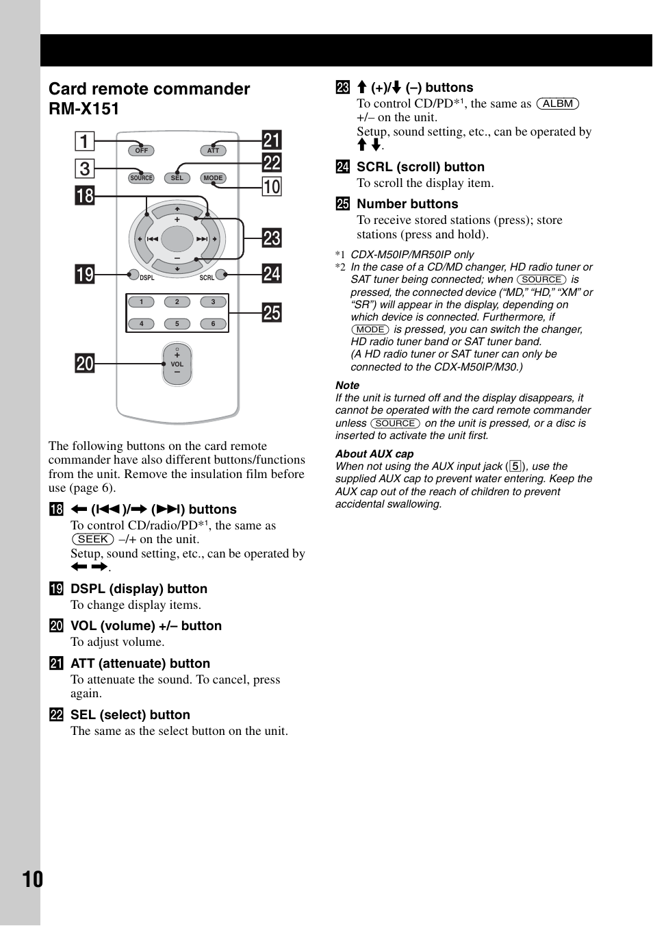 Card remote commander rm-x151, 3ws q; 1 wf qk ql wa w; wg wd | Sony CDX-M30 User Manual | Page 10 / 148