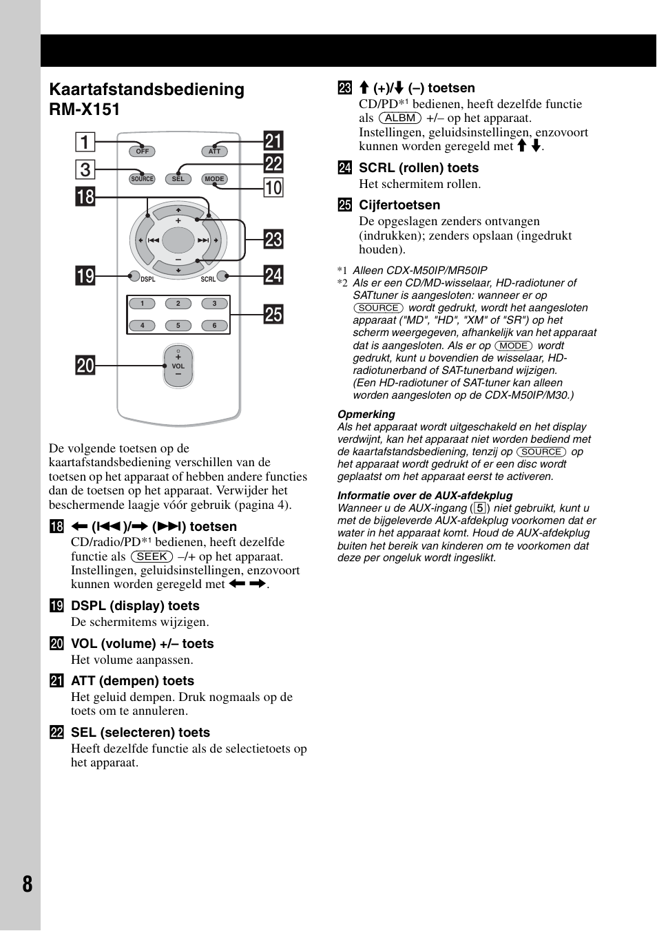 Kaartafstandsbediening rm-x151, 3ws q; 1 wf qk ql wa w; wg wd | Sony CDX-M30 User Manual | Page 108 / 148