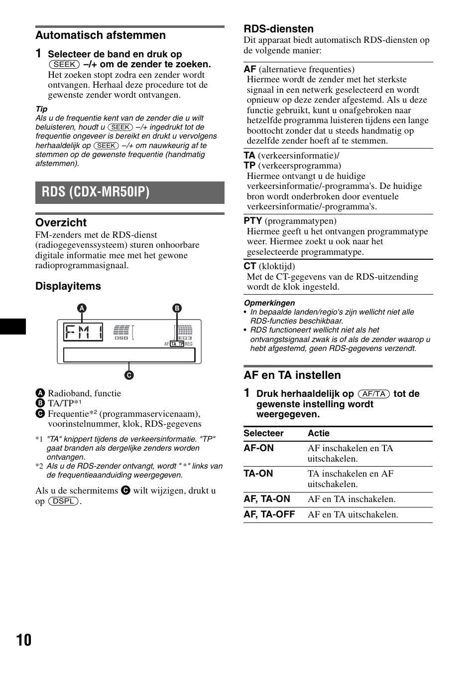 Automatisch afstemmen, Rds (cdx-mr50ip), Overzicht | Af en ta instellen, Overzicht af en ta instellen | Sony CDX-M30 User Manual | Page 110 / 148