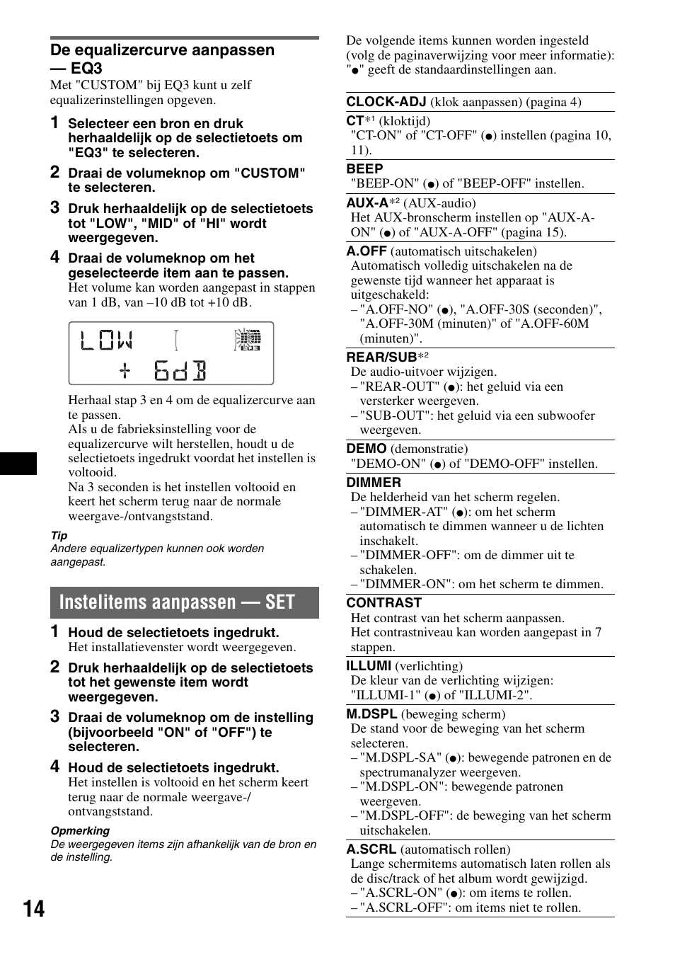 De equalizercurve aanpassen - eq3, Instelitems aanpassen - set, De equalizercurve aanpassen — eq3 | Instelitems aanpassen — set | Sony CDX-M30 User Manual | Page 114 / 148