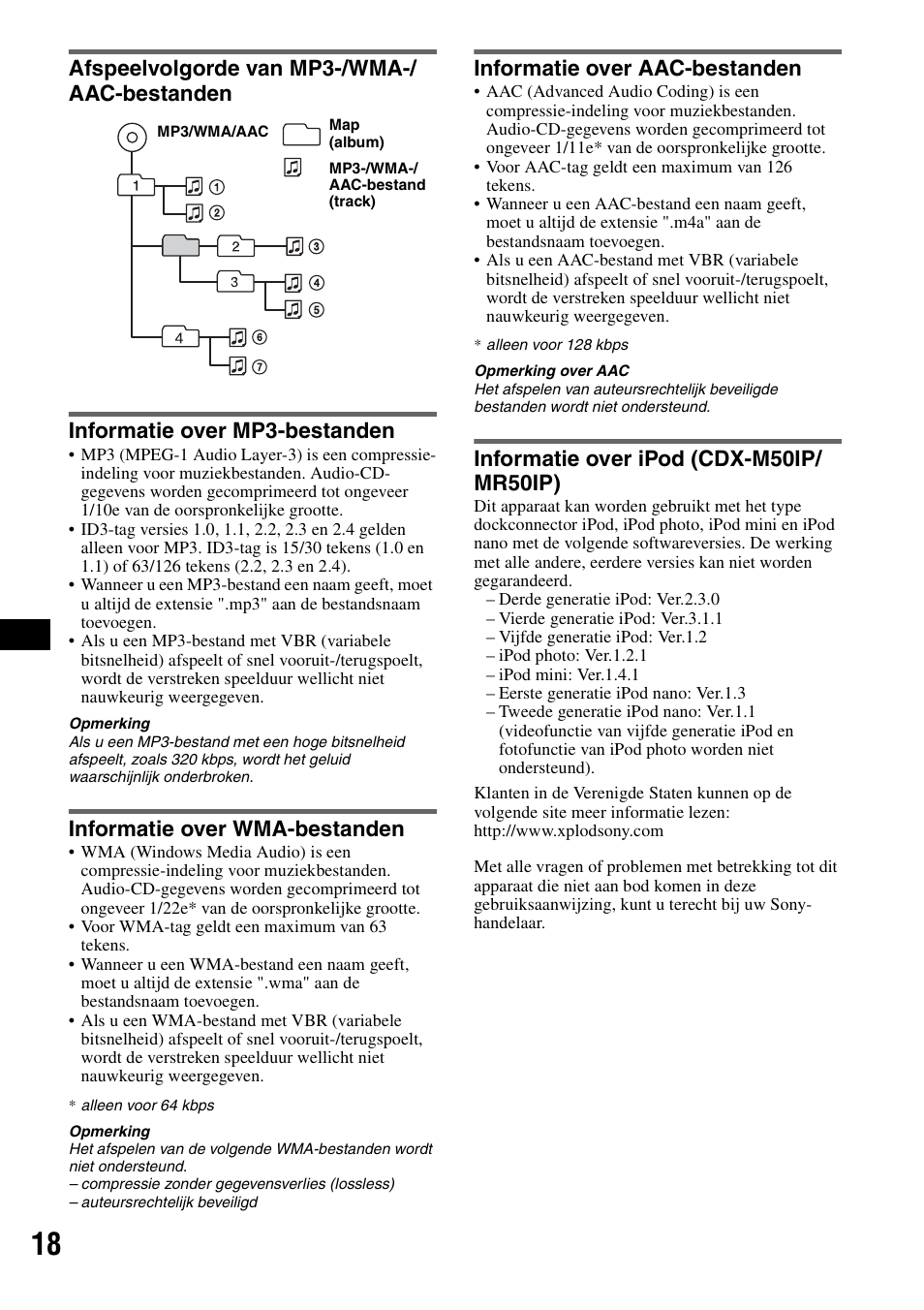 Afspeelvolgorde van mp3-/wma-/ aac-bestanden, Informatie over mp3-bestanden, Informatie over wma-bestanden | Informatie over aac-bestanden, Informatie over ipod (cdx-m50ip/ mr50ip) | Sony CDX-M30 User Manual | Page 118 / 148