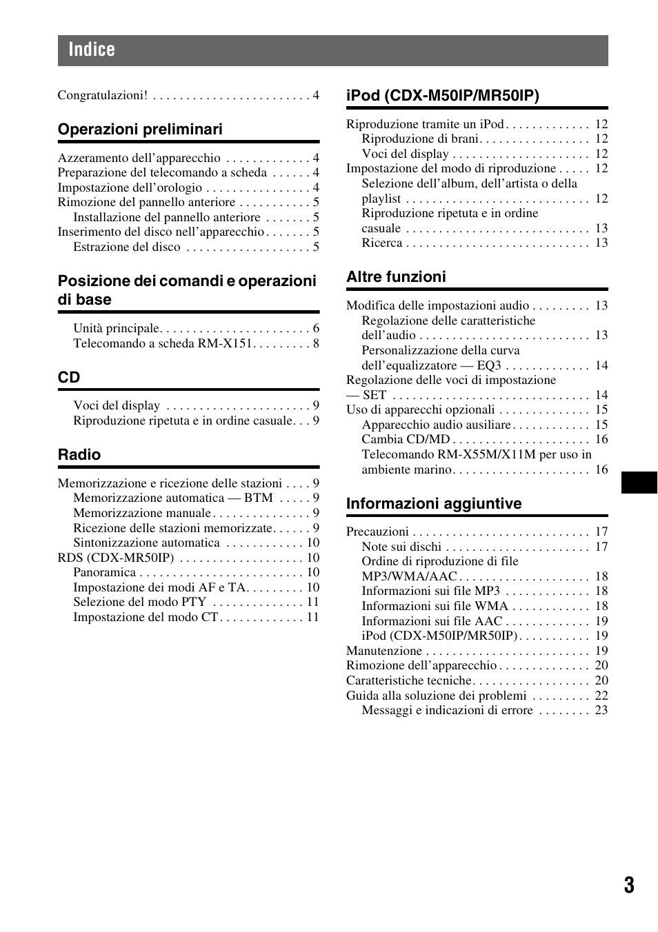 Indice | Sony CDX-M30 User Manual | Page 125 / 148