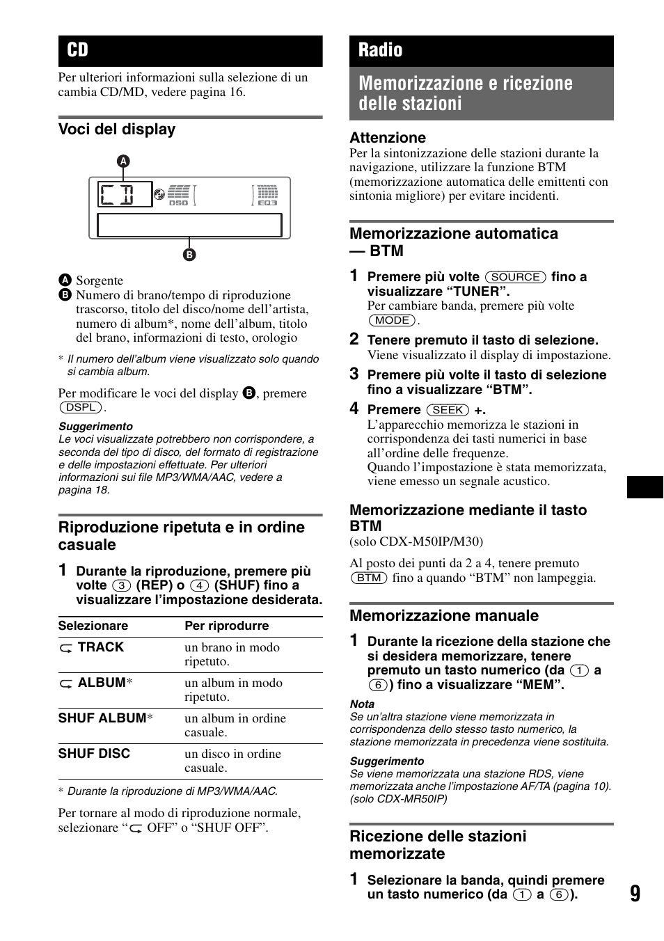 Voci del display, Riproduzione ripetuta e in ordine casuale, Radio | Memorizzazione e ricezione delle stazioni, Memorizzazione automatica - btm, Memorizzazione manuale, Ricezione delle stazioni memorizzate | Sony CDX-M30 User Manual | Page 131 / 148