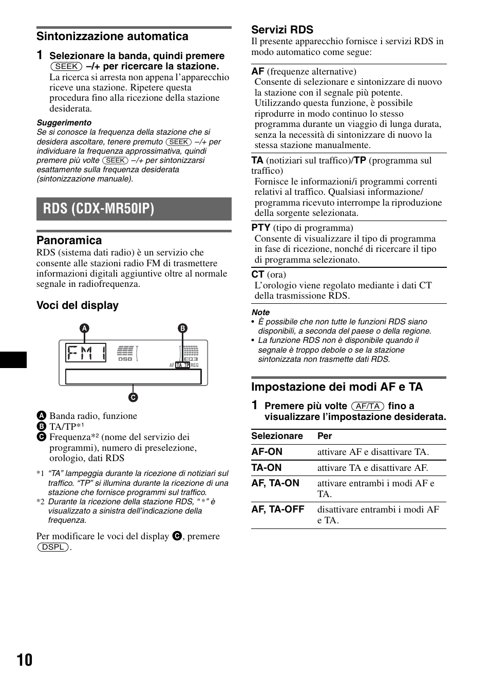 Sintonizzazione automatica, Rds (cdx-mr50ip), Panoramica | Impostazione dei modi af e ta, Panoramica impostazione dei modi af e ta | Sony CDX-M30 User Manual | Page 132 / 148