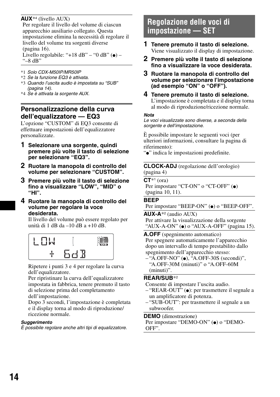 Regolazione delle voci di impostazione - set, Regolazione delle voci di impostazione — set | Sony CDX-M30 User Manual | Page 136 / 148
