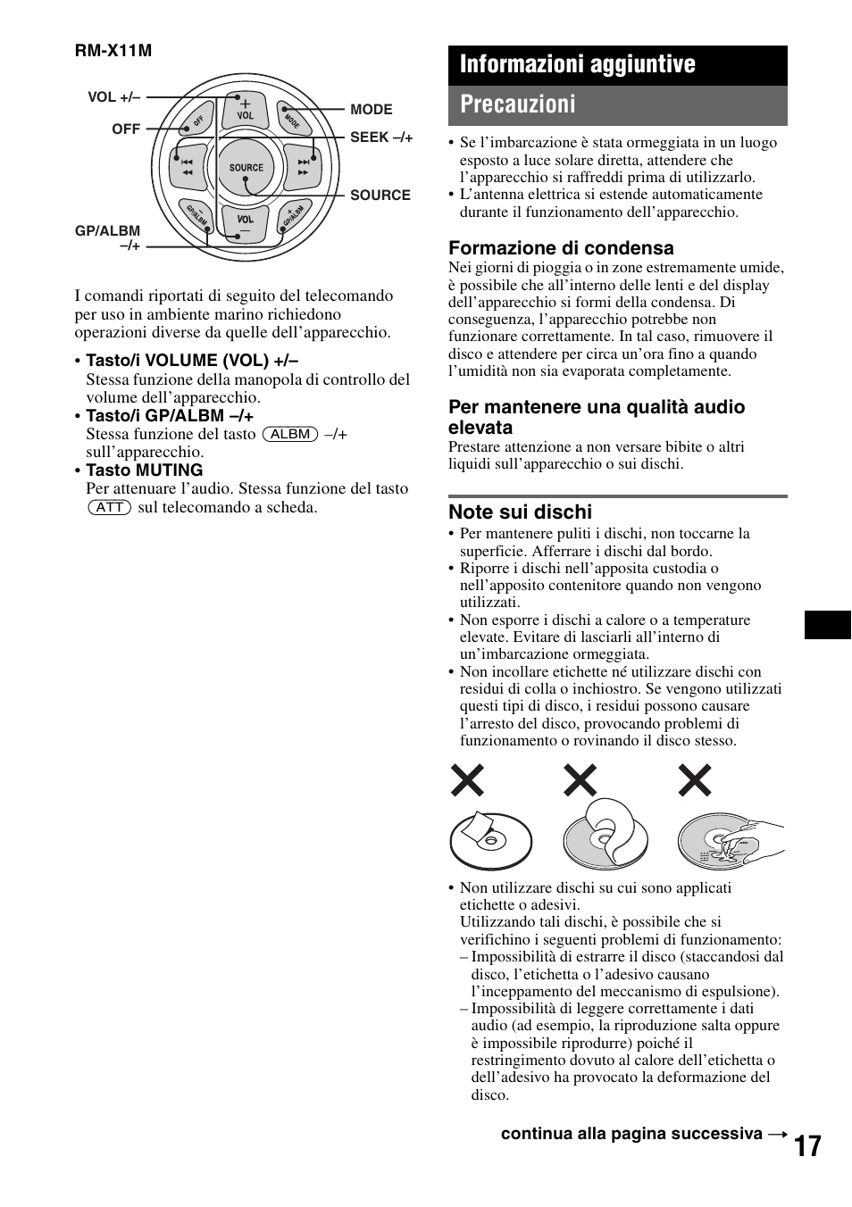 Informazioni aggiuntive, Precauzioni, Note sui dischi | Informazioni aggiuntive precauzioni | Sony CDX-M30 User Manual | Page 139 / 148