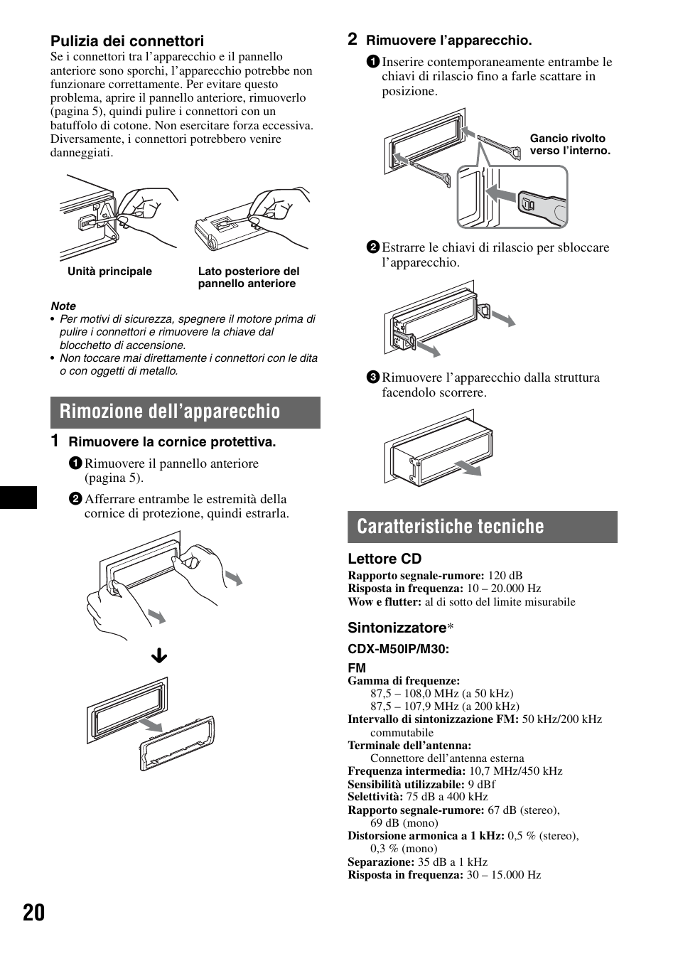 Rimozione dell’apparecchio, Caratteristiche tecniche | Sony CDX-M30 User Manual | Page 142 / 148