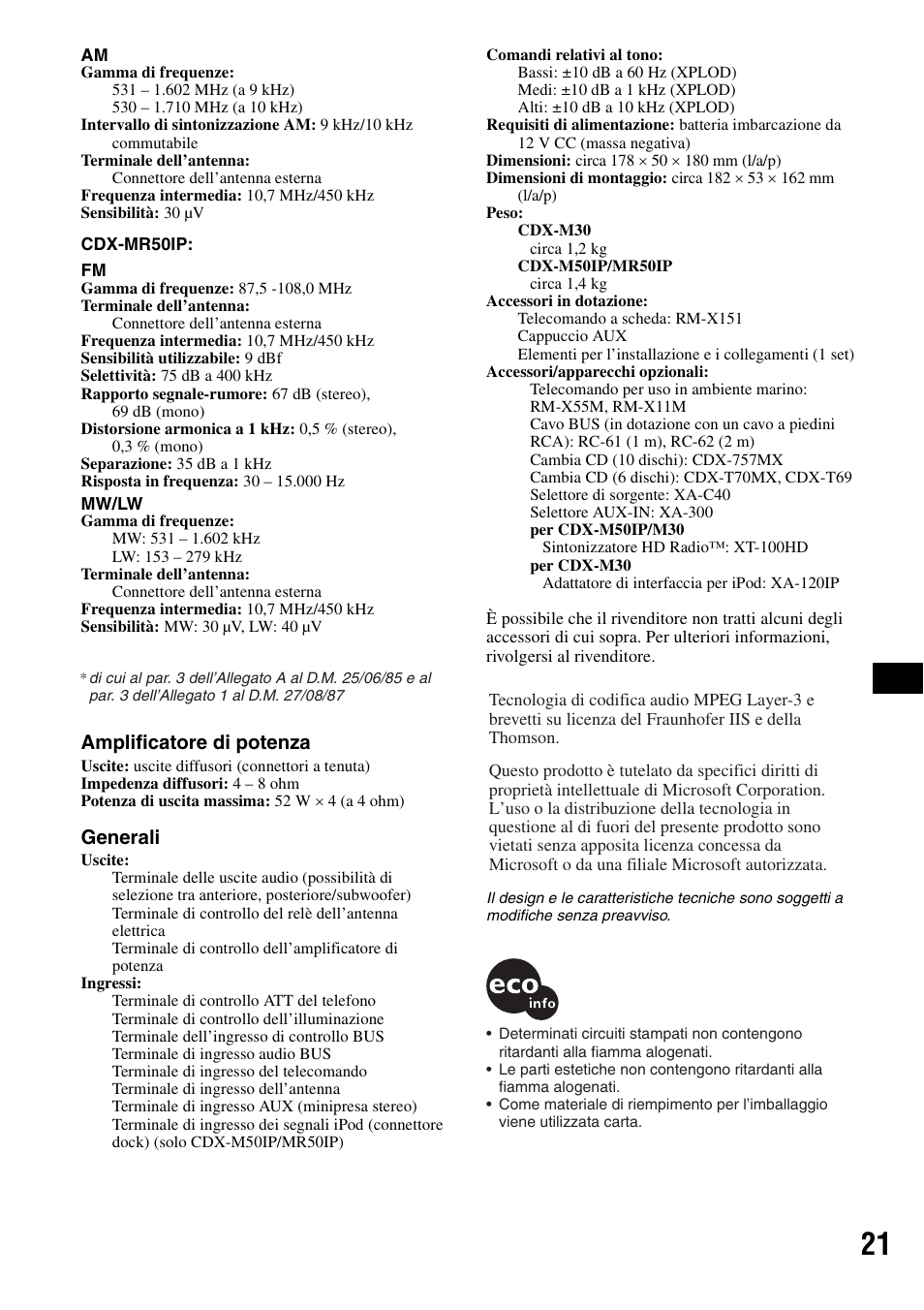 Amplificatore di potenza, Generali | Sony CDX-M30 User Manual | Page 143 / 148