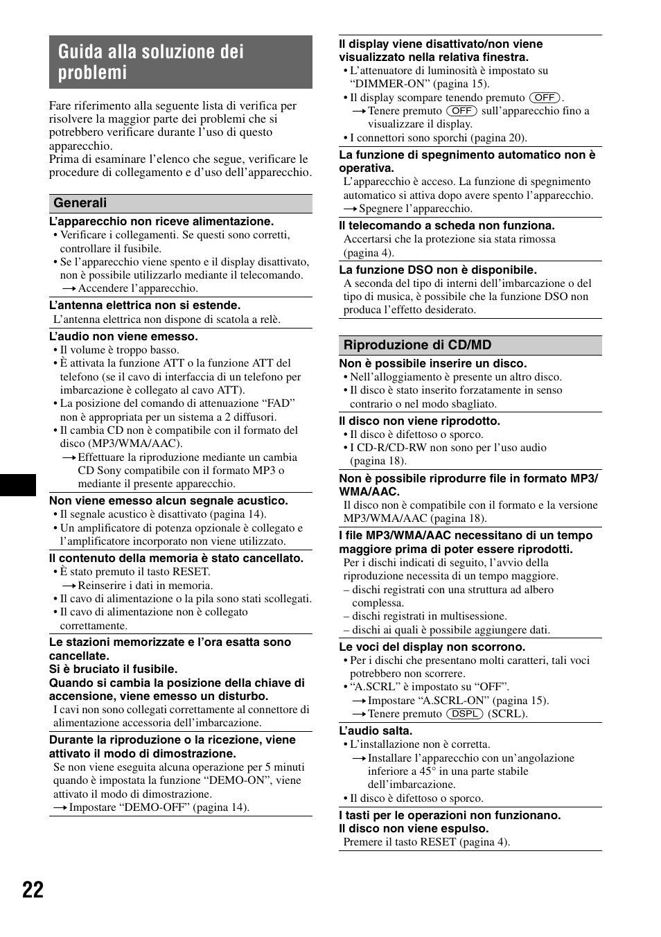 Guida alla soluzione dei problemi | Sony CDX-M30 User Manual | Page 144 / 148