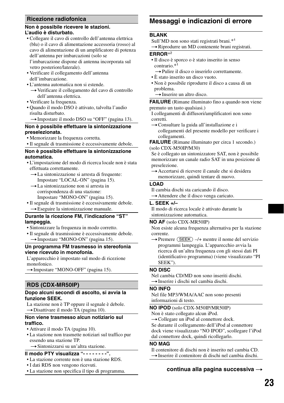 Messaggi e indicazioni di errore | Sony CDX-M30 User Manual | Page 145 / 148