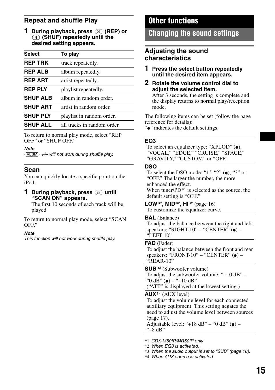 Repeat and shuffle play, Scan, Other functions | Changing the sound settings, Adjusting the sound characteristics, Repeat and shuffle play scan, Other functions changing the sound settings | Sony CDX-M30 User Manual | Page 15 / 148