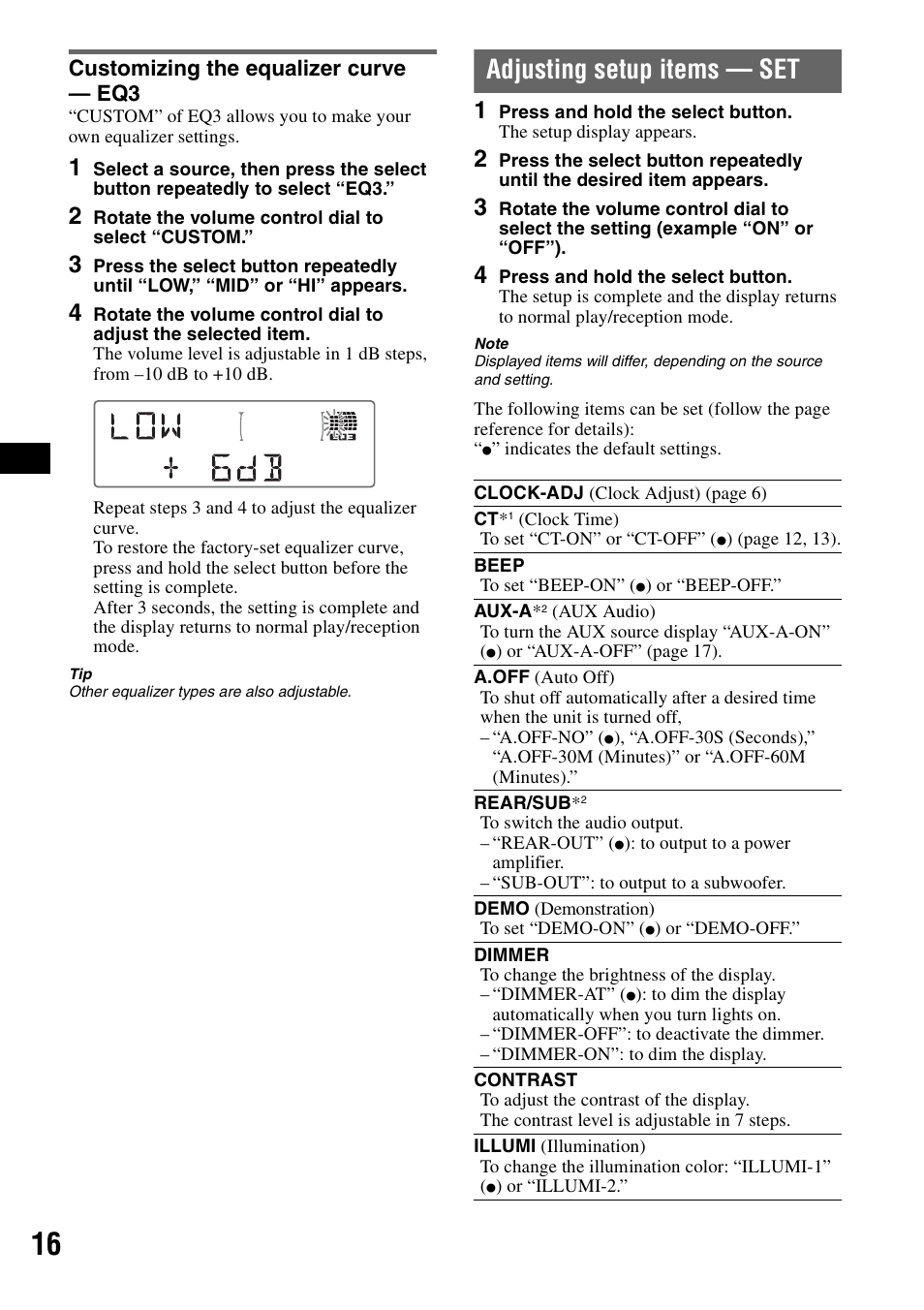 Customizing the equalizer curve - eq3, Adjusting setup items - set, Customizing the equalizer curve — eq3 | Adjusting setup items — set | Sony CDX-M30 User Manual | Page 16 / 148