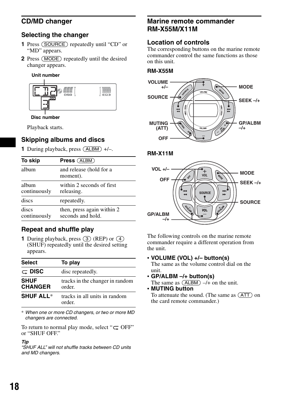 Cd/md changer, Marine remote commander rm-x55m/x11m, Cd/md changer marine remote commander rm-x55m/x11m | Sony CDX-M30 User Manual | Page 18 / 148