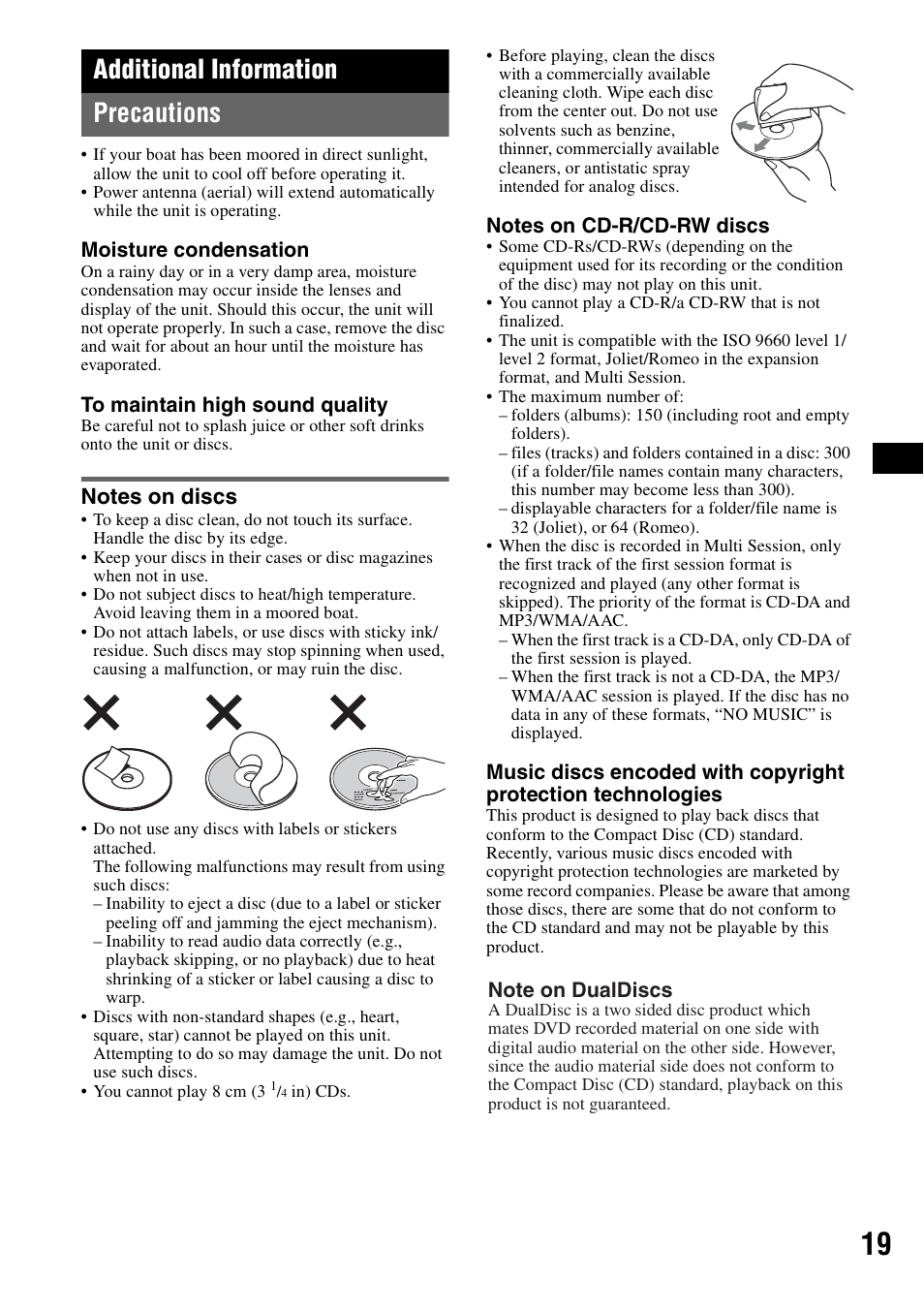 Additional information, Precautions, Notes on discs | Additional information precautions | Sony CDX-M30 User Manual | Page 19 / 148