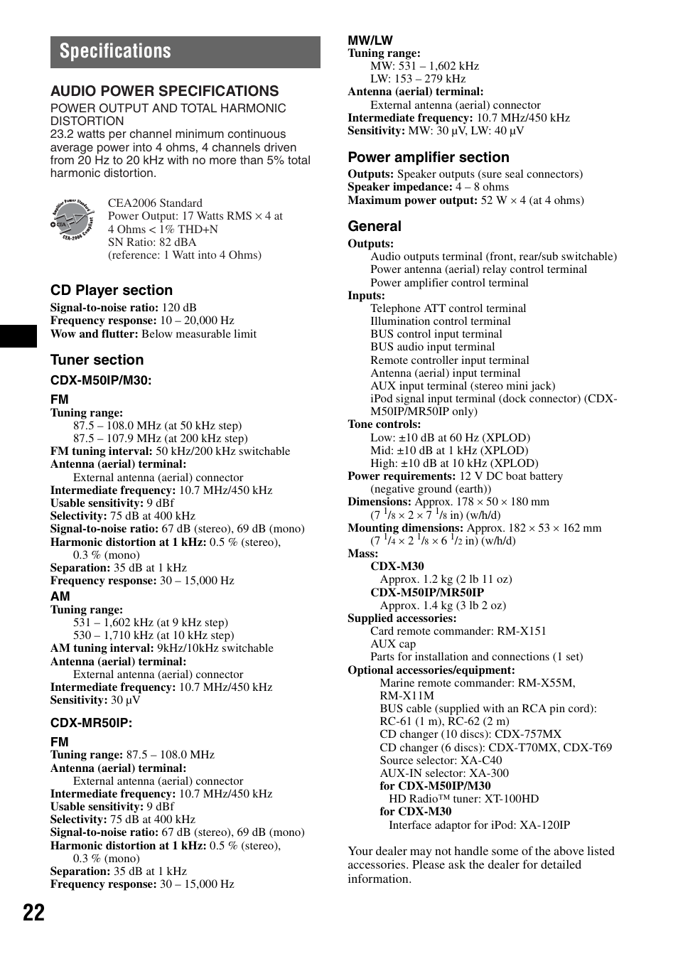 Specifications, General, Audio power specifications | Sony CDX-M30 User Manual | Page 22 / 148