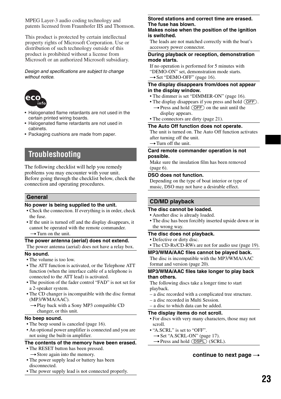 Troubleshooting | Sony CDX-M30 User Manual | Page 23 / 148