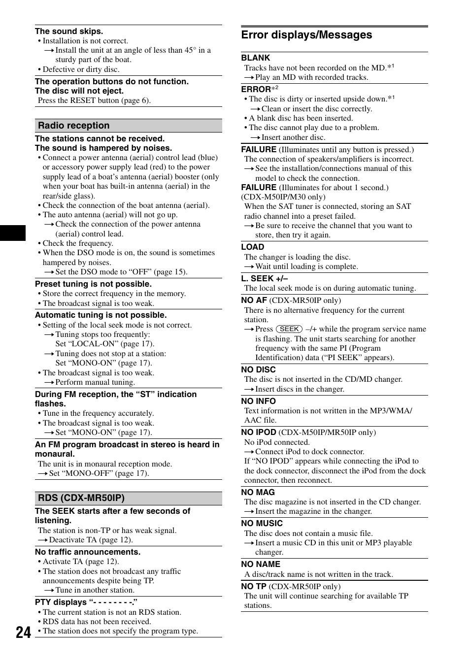 Error displays/messages | Sony CDX-M30 User Manual | Page 24 / 148