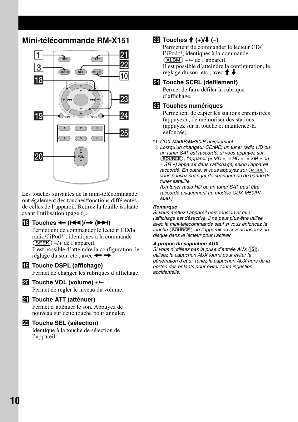 Mini-télécommande rm-x151, 3ws q; 1 wf qk ql wa w; wg wd | Sony CDX-M30 User Manual | Page 34 / 148