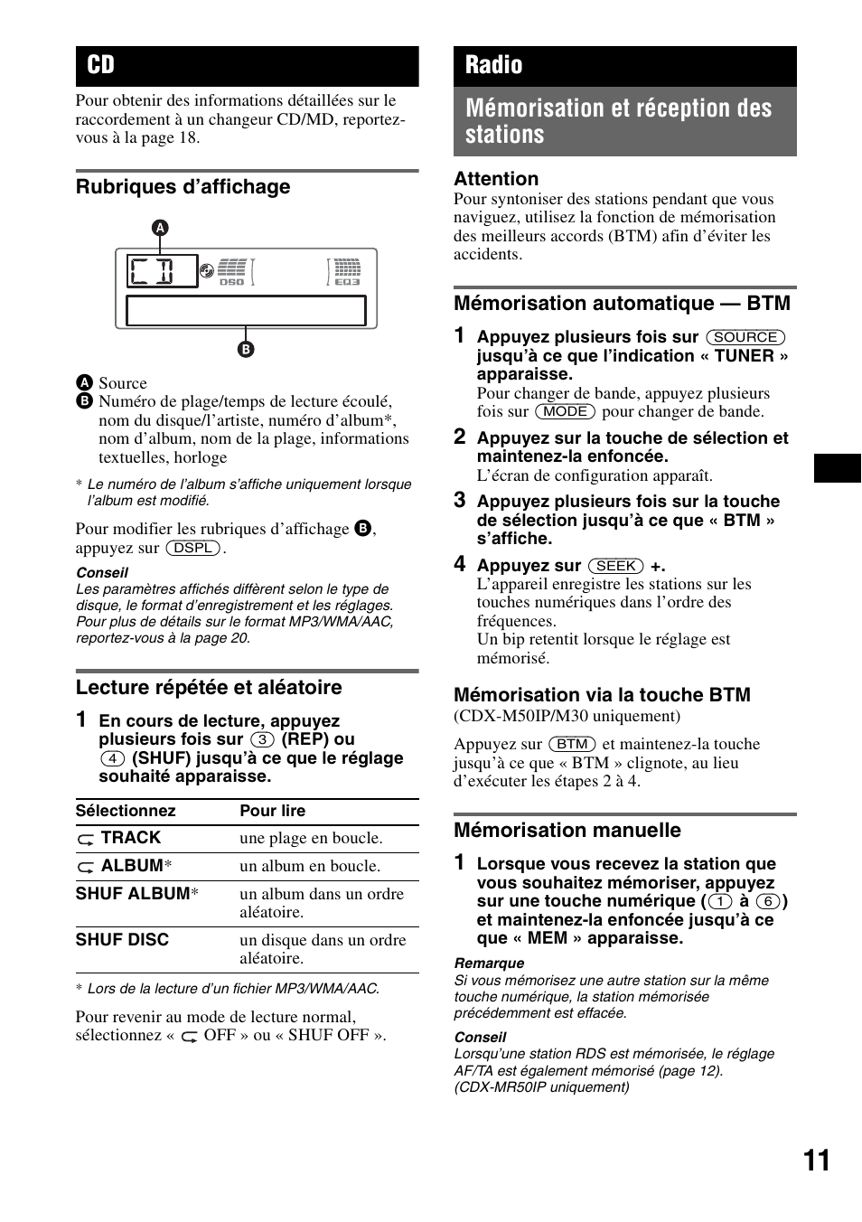 Rubriques d’affichage, Lecture répétée et aléatoire, Radio | Mémorisation et réception des stations, Mémorisation automatique - btm, Mémorisation manuelle, Rubriques d’affichage lecture répétée et aléatoire, Radio mémorisation et réception des stations | Sony CDX-M30 User Manual | Page 35 / 148