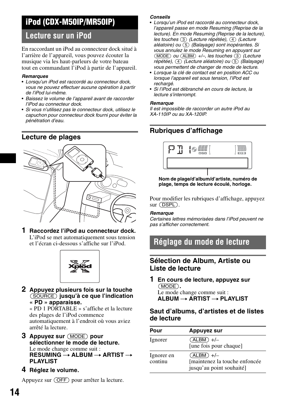 Ipod (cdx-m50ip/mr50ip), Lecture sur un ipod, Lecture de plages | Rubriques d’affichage, Réglage du mode de lecture, Sélection de album, artiste ou liste de lecture, Lecture de plages rubriques d’affichage, Ipod (cdx-m50ip/mr50ip) lecture sur un ipod, Saut d’albums, d’artistes et de listes de lecture | Sony CDX-M30 User Manual | Page 38 / 148