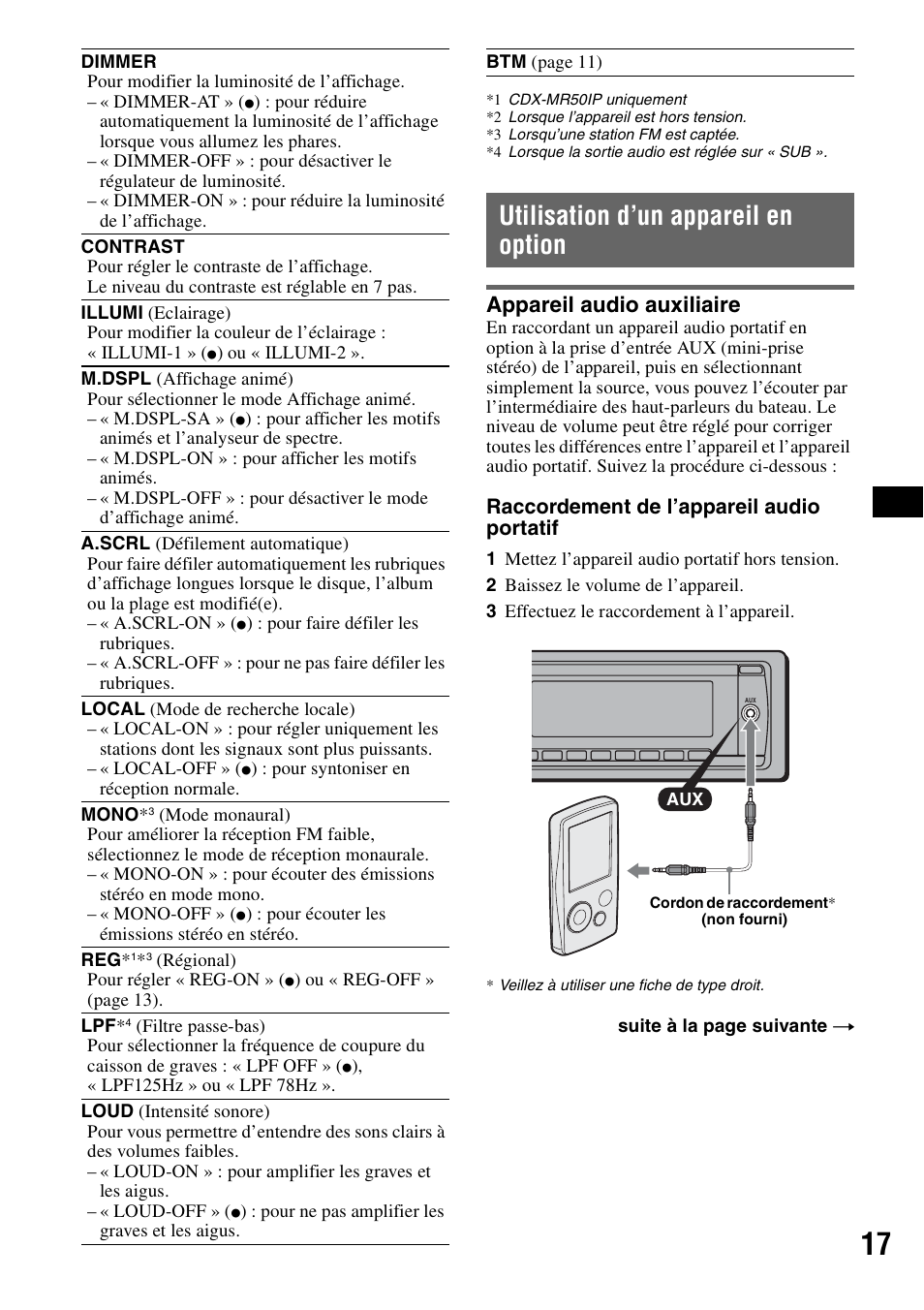 Utilisation d’un appareil en option, Appareil audio auxiliaire | Sony CDX-M30 User Manual | Page 41 / 148