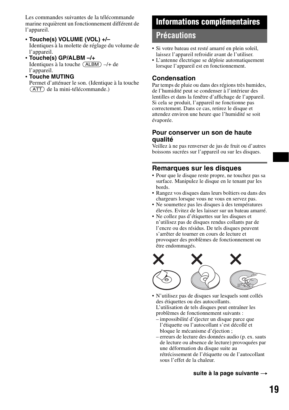 Informations complémentaires, Précautions, Remarques sur les disques | Informations complémentaires précautions | Sony CDX-M30 User Manual | Page 43 / 148