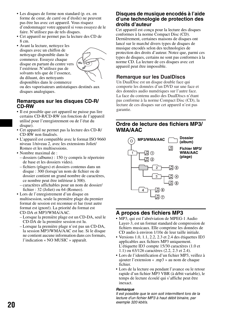 Ordre de lecture des fichiers mp3/ wma/aac, A propos des fichiers mp3 | Sony CDX-M30 User Manual | Page 44 / 148