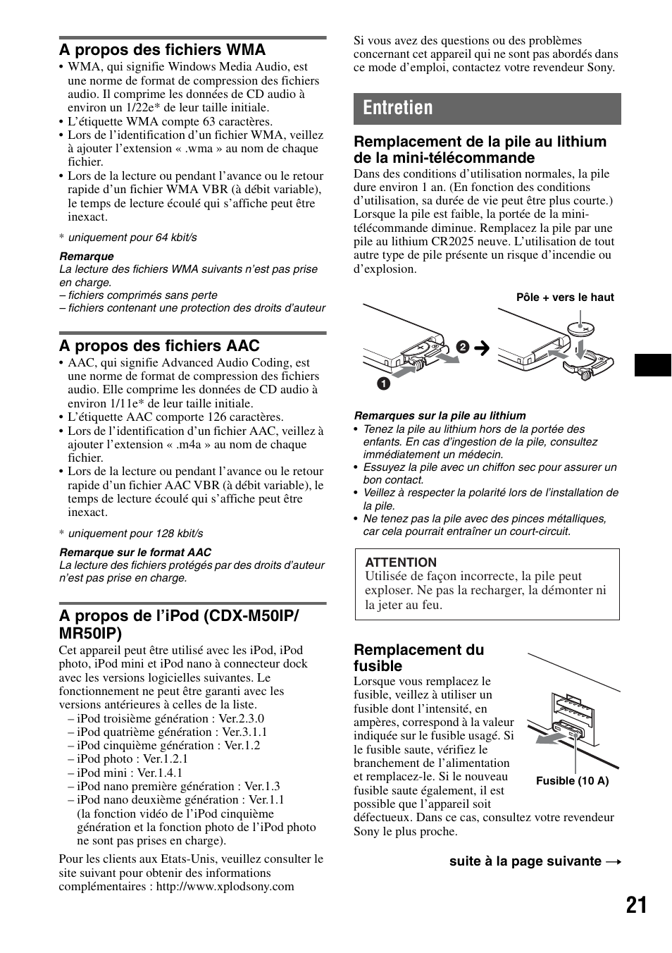 A propos des fichiers wma, A propos des fichiers aac, A propos de l’ipod (cdx-m50ip/ mr50ip) | Entretien | Sony CDX-M30 User Manual | Page 45 / 148