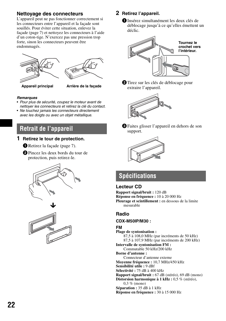 Retrait de l’appareil, Spécifications, Retrait de l’appareil spécifications | Sony CDX-M30 User Manual | Page 46 / 148