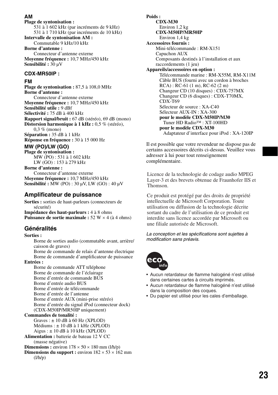 Amplificateur de puissance, Généralités | Sony CDX-M30 User Manual | Page 47 / 148