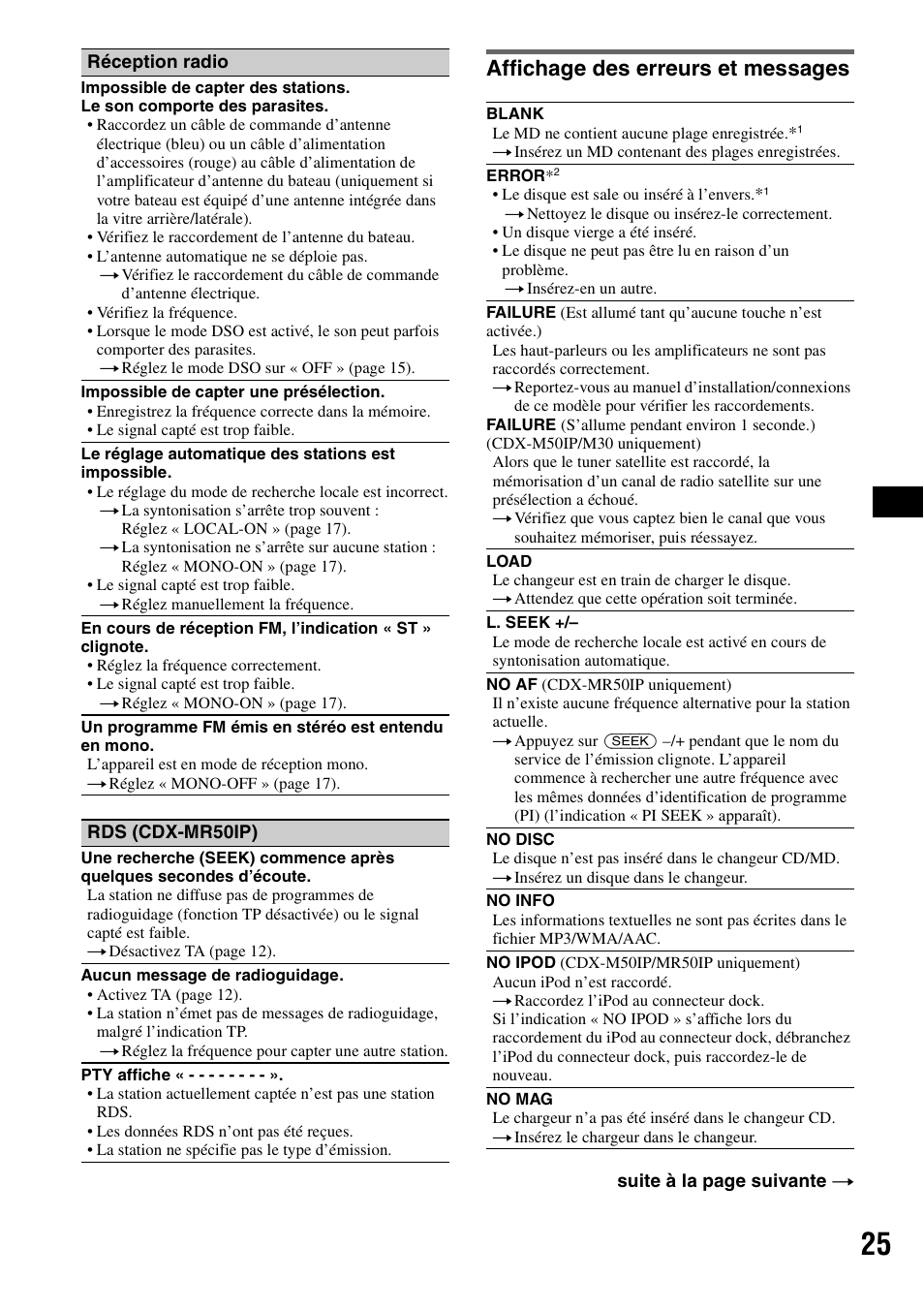 Affichage des erreurs et messages | Sony CDX-M30 User Manual | Page 49 / 148