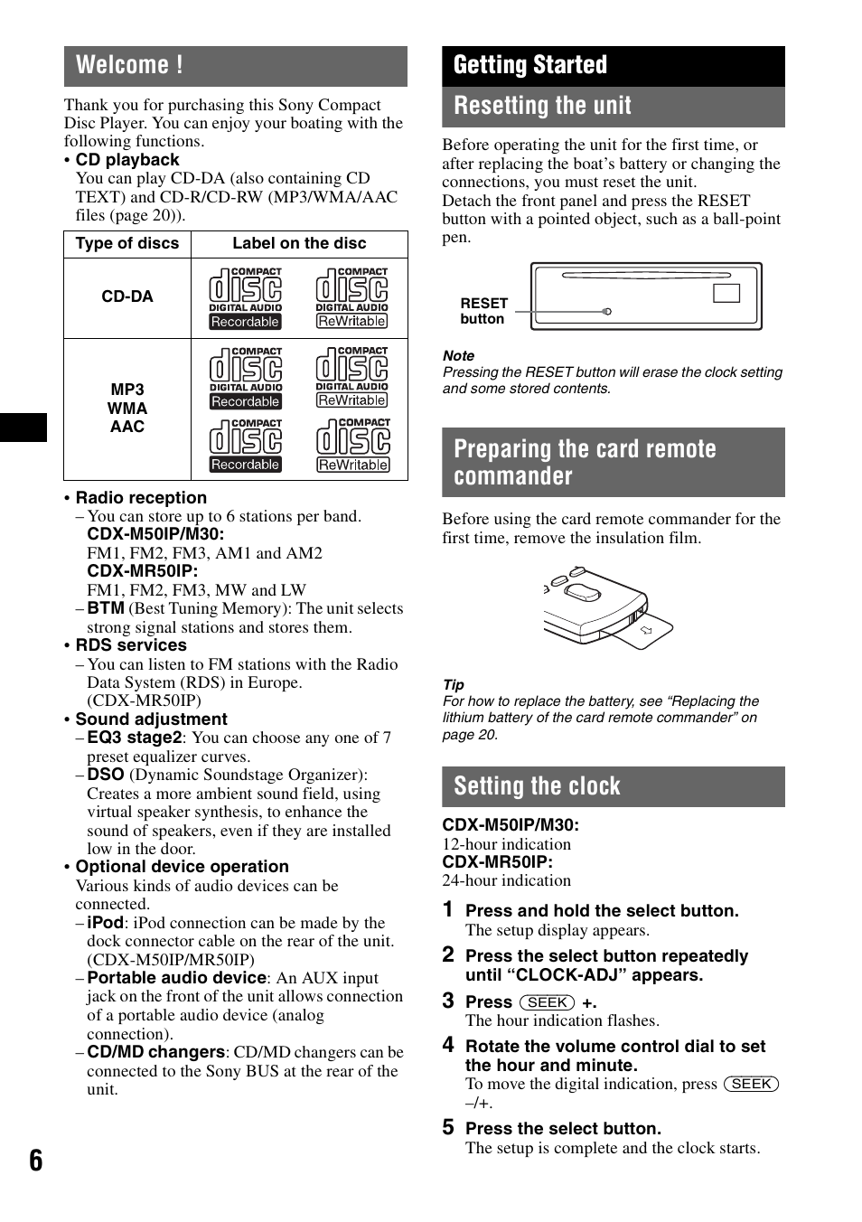 Welcome, Getting started, Resetting the unit | Preparing the card remote commander, Setting the clock, Getting started resetting the unit | Sony CDX-M30 User Manual | Page 6 / 148