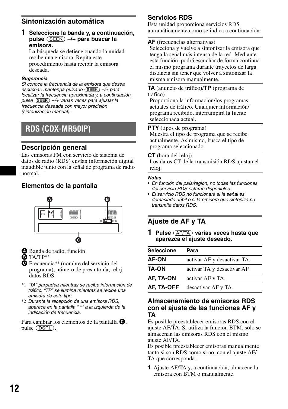 Sintonización automática, Rds (cdx-mr50ip), Descripción general | Ajuste de af y ta, Descripción general ajuste de af y ta | Sony CDX-M30 User Manual | Page 62 / 148