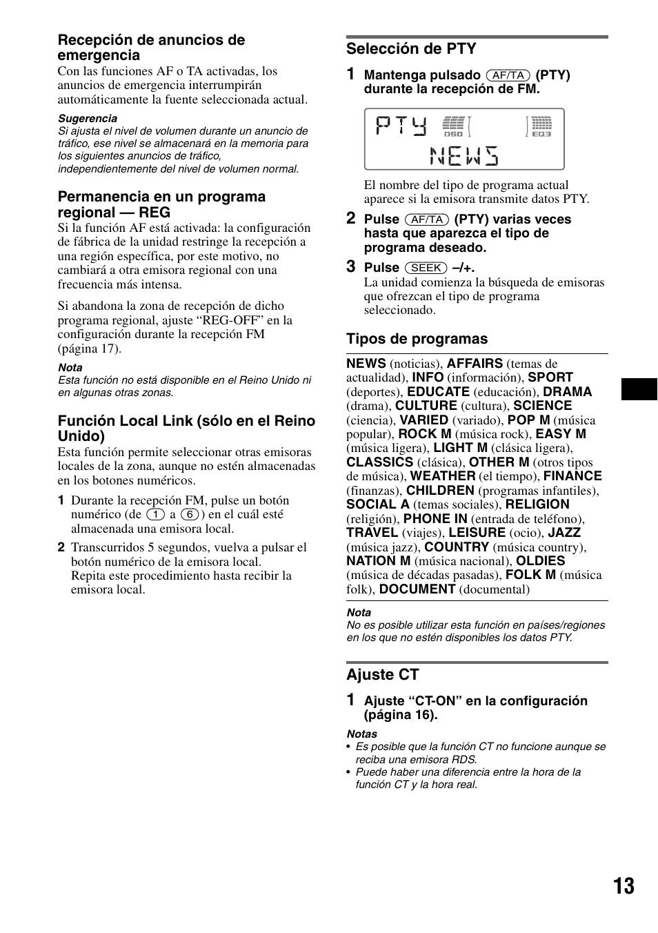 Selección de pty, Ajuste ct, Selección de pty ajuste ct | Sony CDX-M30 User Manual | Page 63 / 148