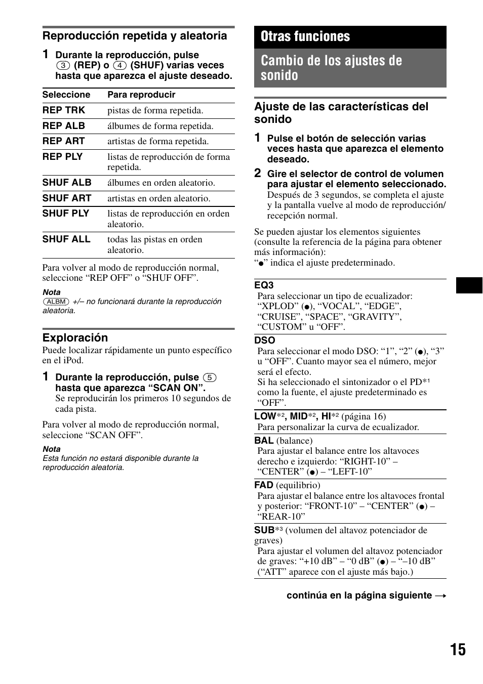 Reproducción repetida y aleatoria, Exploración, Otras funciones | Cambio de los ajustes de sonido, Ajuste de las características del sonido, Reproducción repetida y aleatoria exploración, Otras funciones cambio de los ajustes de sonido | Sony CDX-M30 User Manual | Page 65 / 148