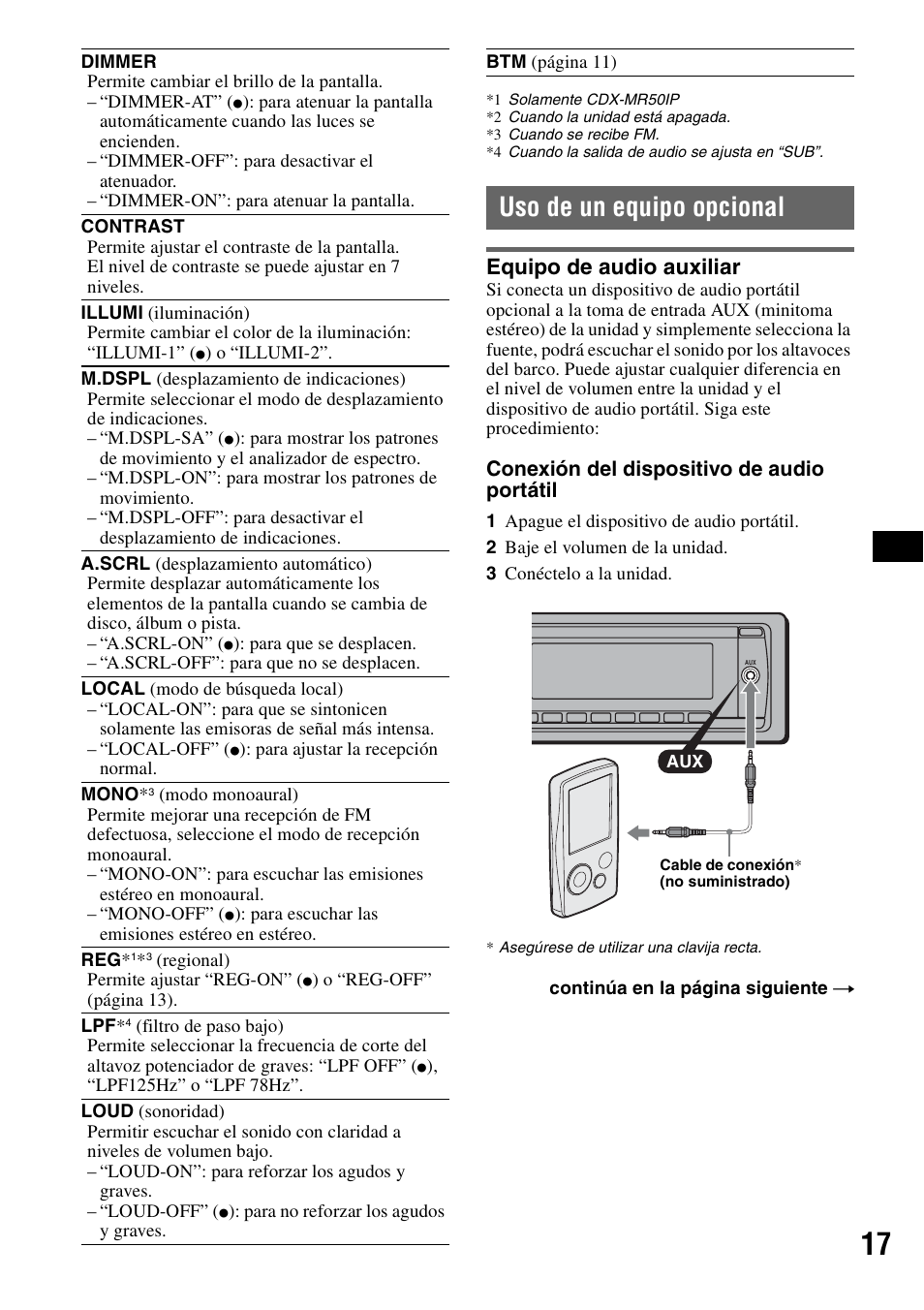 Uso de un equipo opcional, Equipo de audio auxiliar | Sony CDX-M30 User Manual | Page 67 / 148