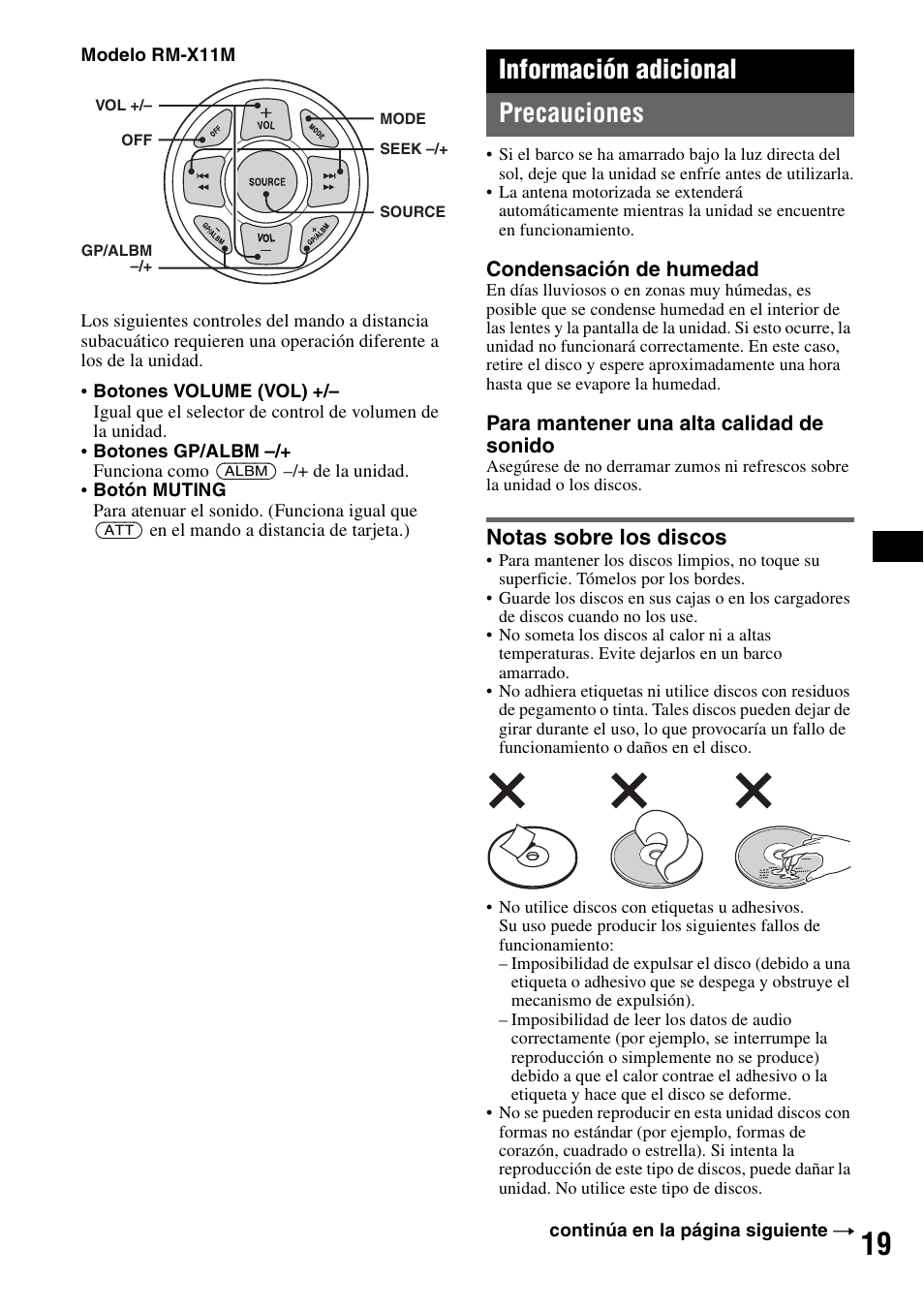 Información adicional, Precauciones, Notas sobre los discos | Información adicional precauciones | Sony CDX-M30 User Manual | Page 69 / 148