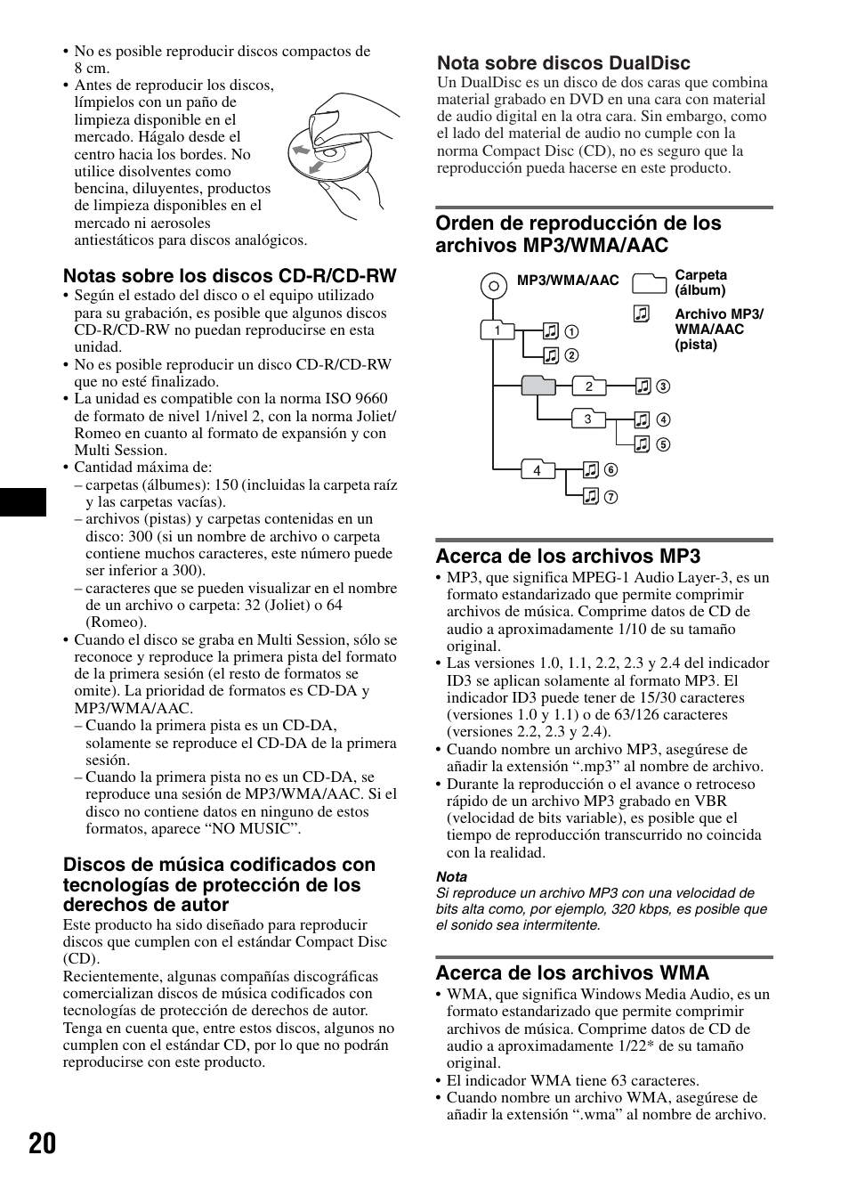 Orden de reproducción de los archivos mp3/wma/aac, Acerca de los archivos mp3, Acerca de los archivos wma | Sony CDX-M30 User Manual | Page 70 / 148