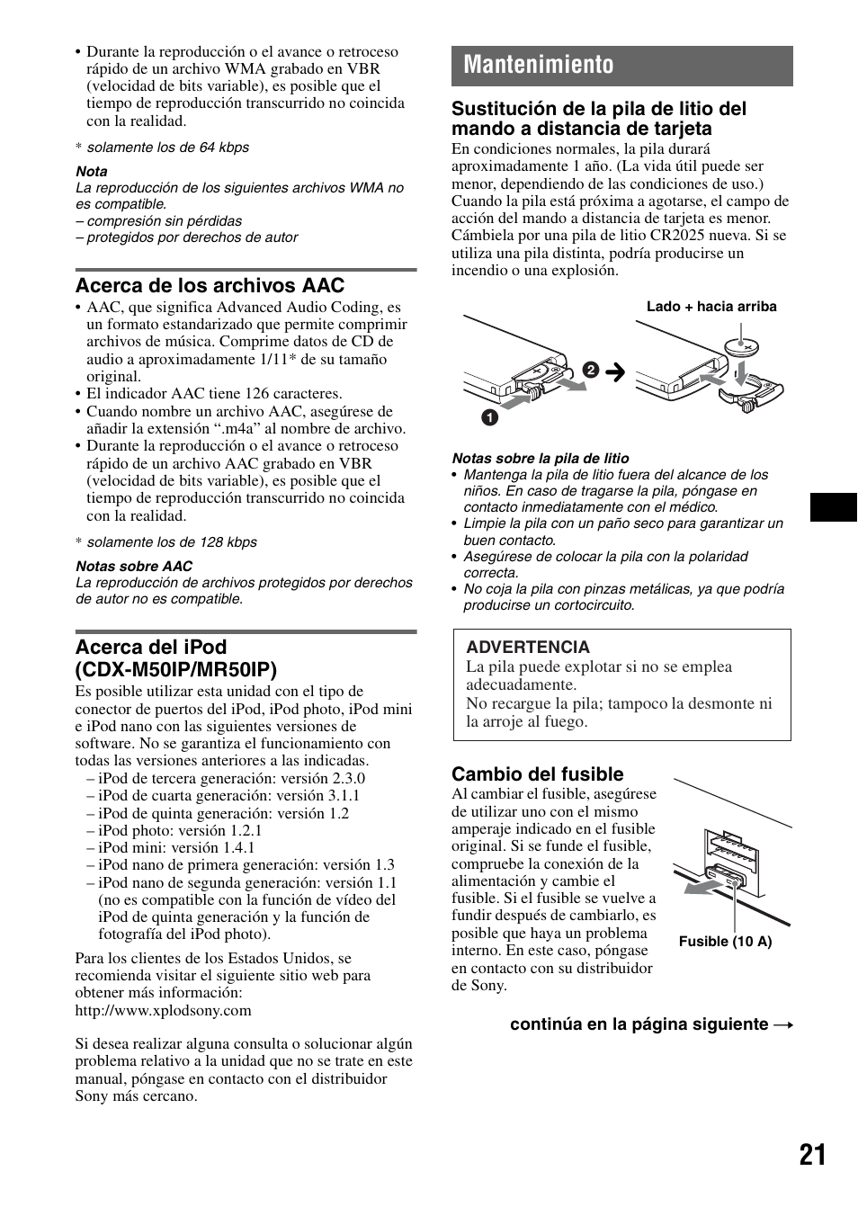 Acerca de los archivos aac, Acerca del ipod (cdx-m50ip/mr50ip), Mantenimiento | Sony CDX-M30 User Manual | Page 71 / 148