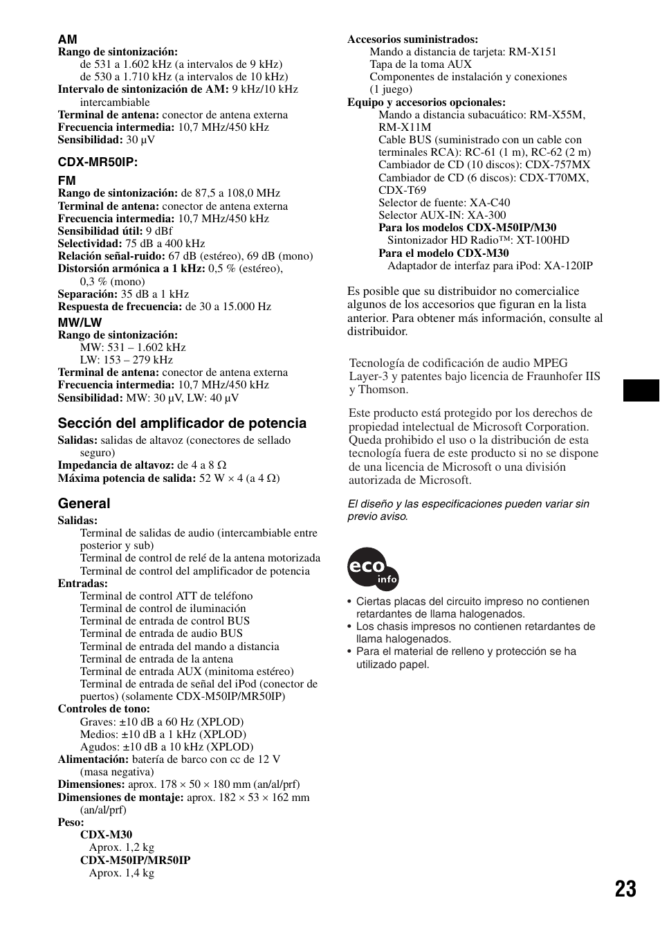 Sección del amplificador de potencia, General | Sony CDX-M30 User Manual | Page 73 / 148