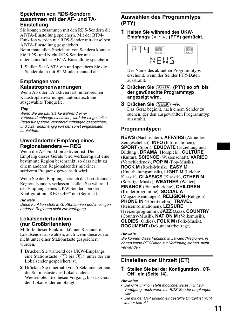 Auswählen des programmtyps (pty), Einstellen der uhrzeit (ct) | Sony CDX-M30 User Manual | Page 87 / 148