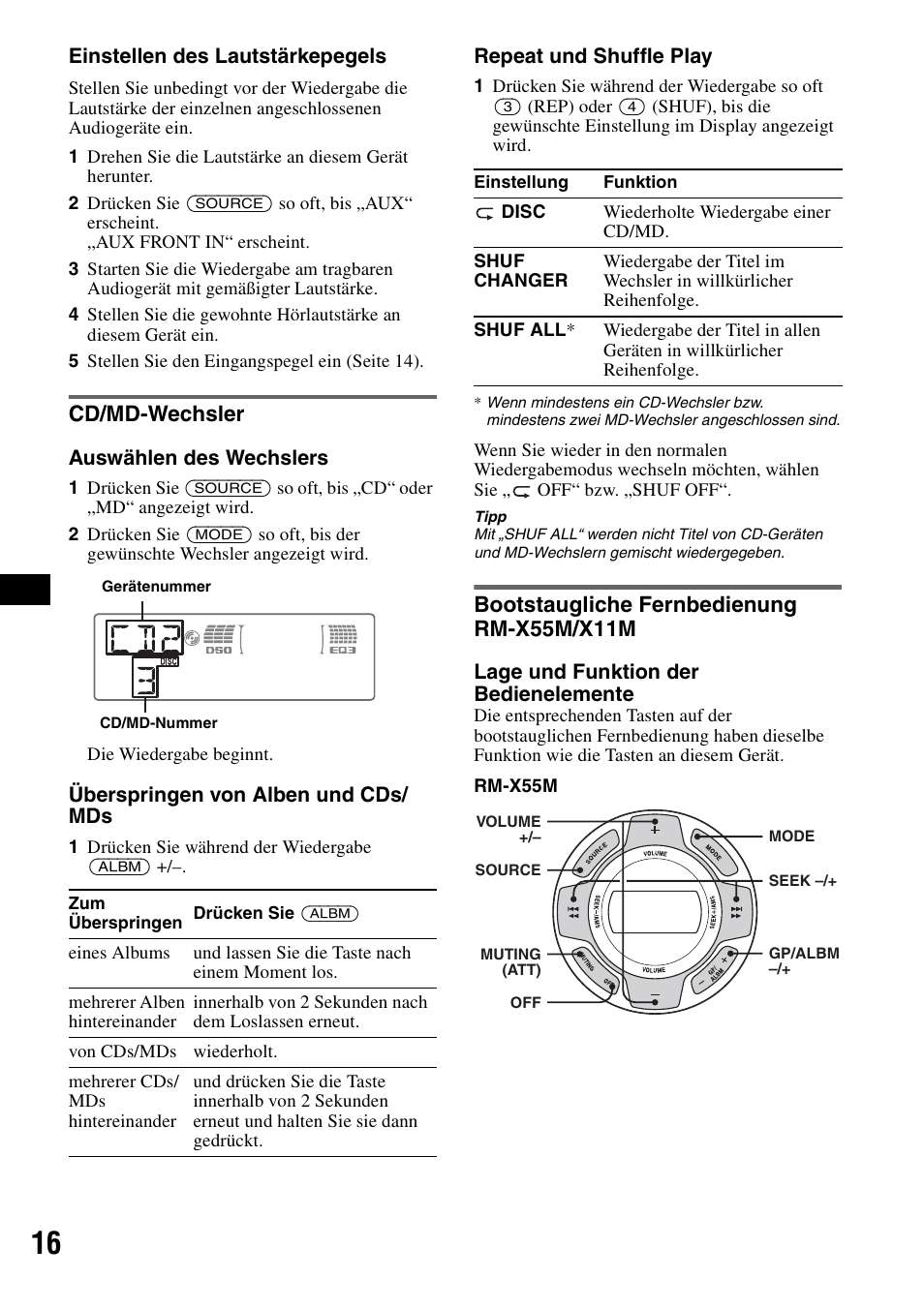 Cd/md-wechsler, Bootstaugliche fernbedienung rm-x55m/x11m, N (seite 16 | Sony CDX-M30 User Manual | Page 92 / 148