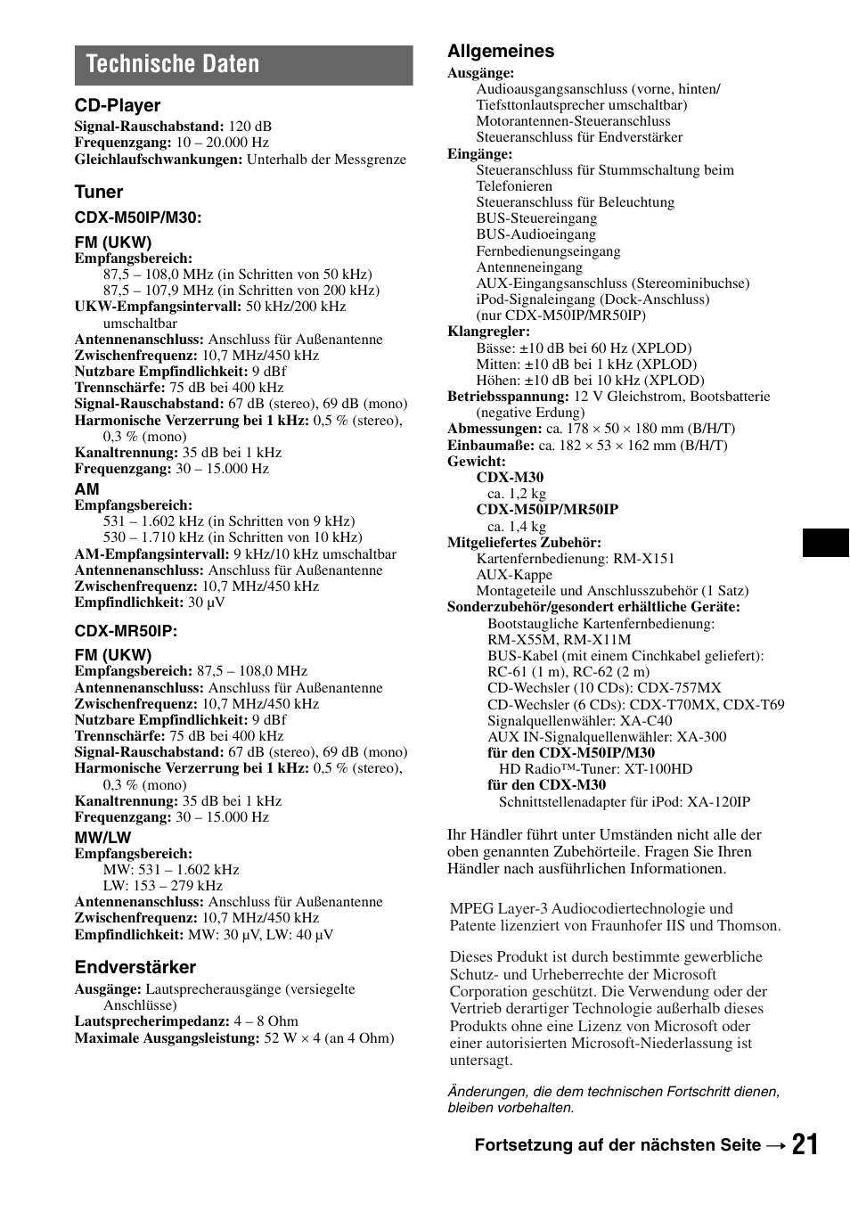 Technische daten | Sony CDX-M30 User Manual | Page 97 / 148