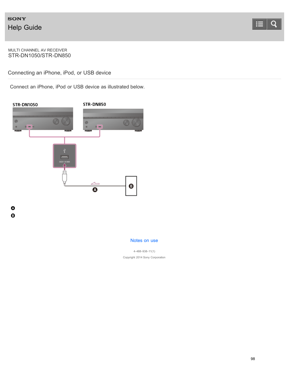 Connecting an iphone, ipod, or usb device, Help guide | Sony STR-DN1050 User Manual | Page 109 / 379