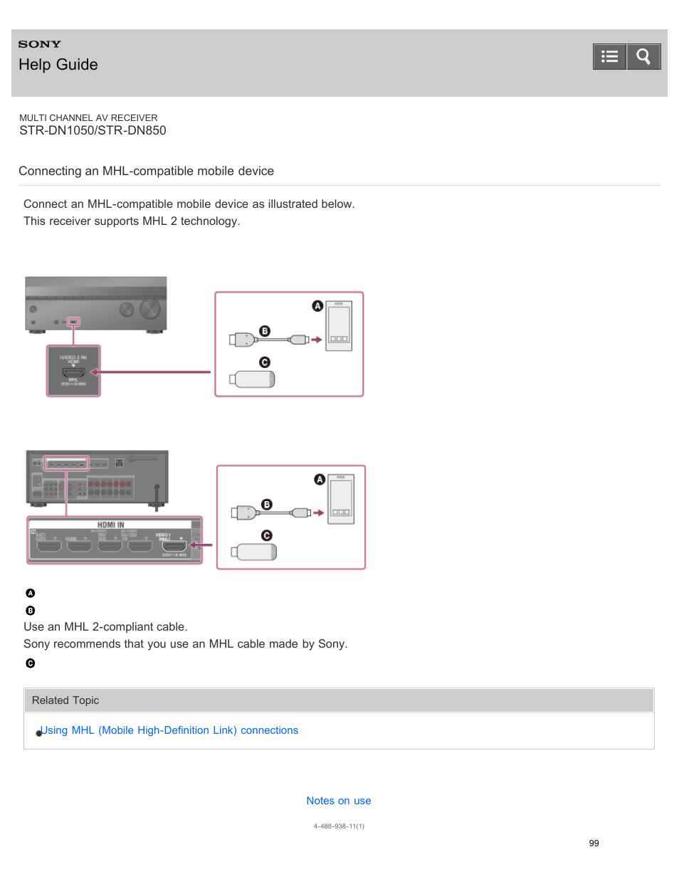 Connecting an mhl-compatible mobile device, Help guide | Sony STR-DN1050 User Manual | Page 110 / 379