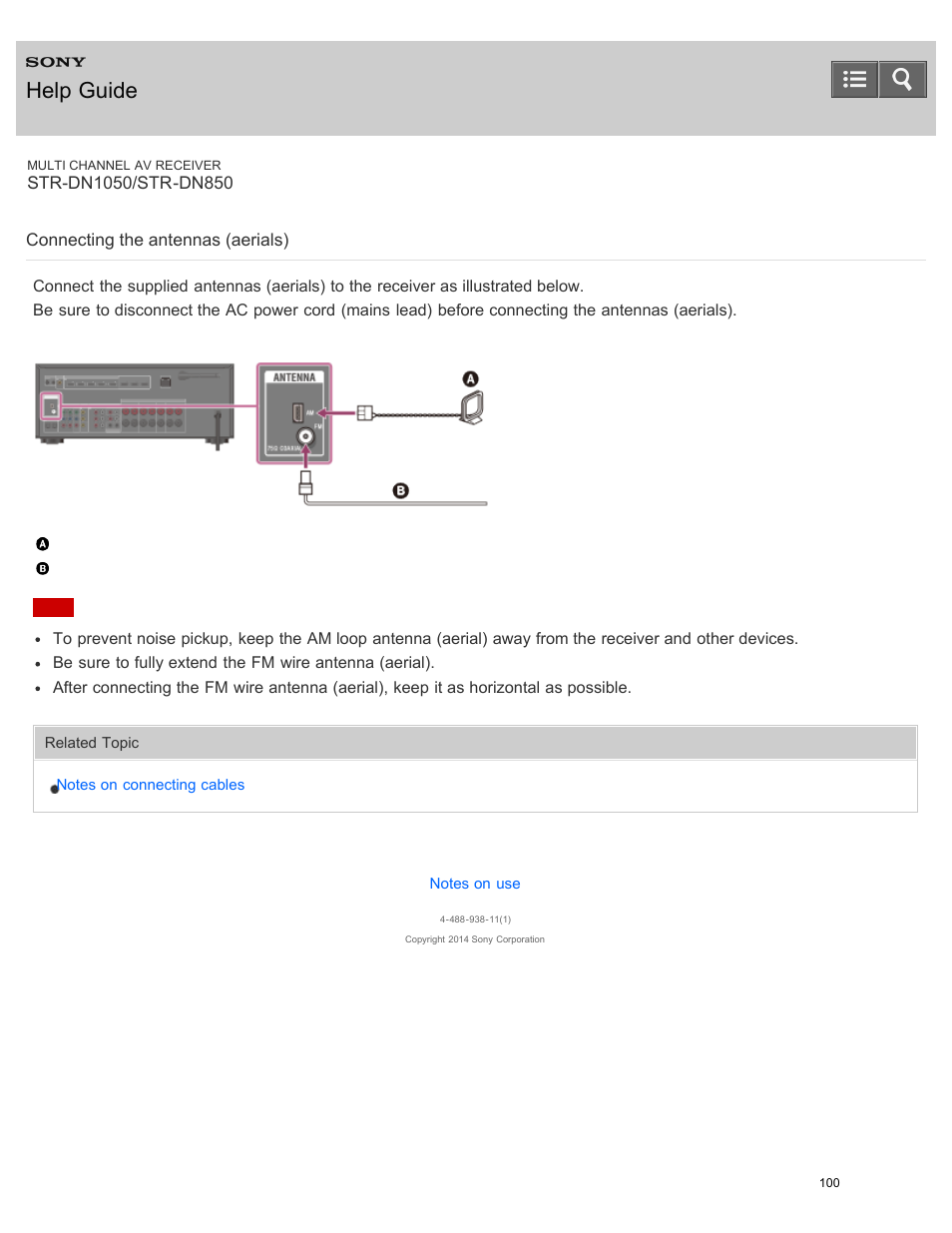 Connecting the antennas (aerials), Help guide | Sony STR-DN1050 User Manual | Page 111 / 379