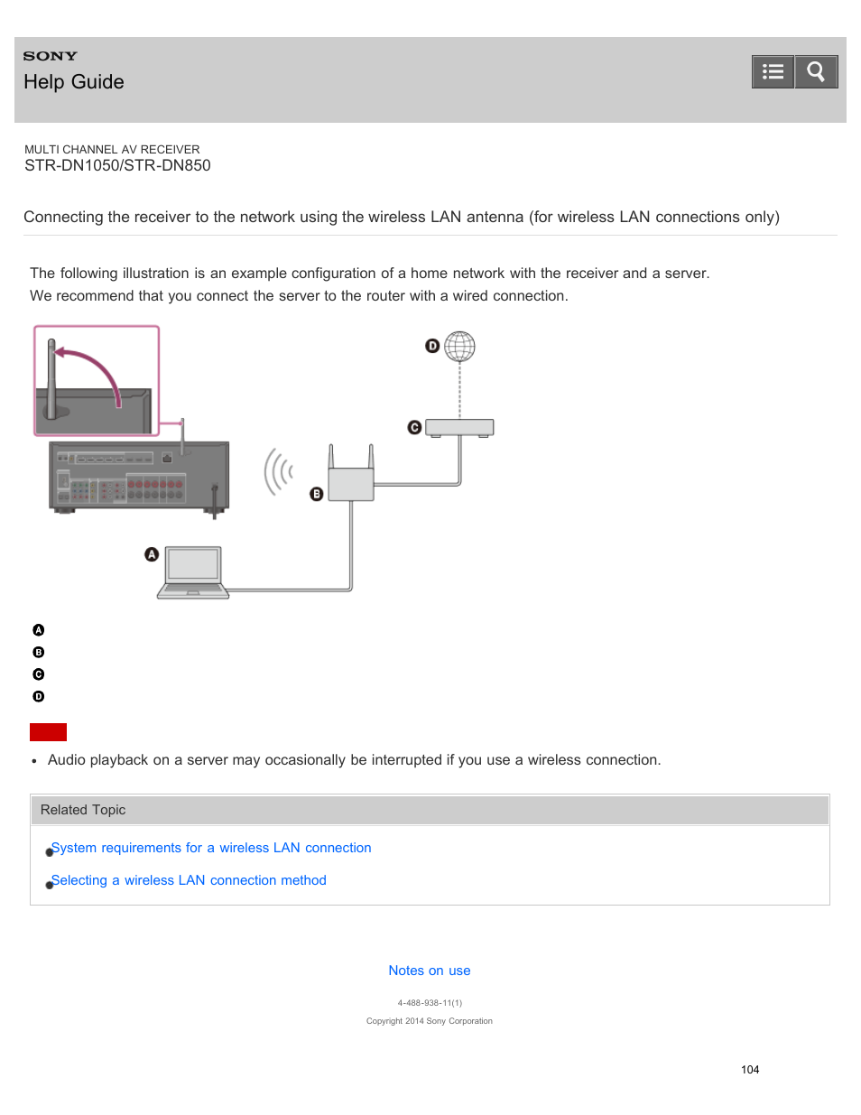 For wireless lan connections only), Help guide | Sony STR-DN1050 User Manual | Page 115 / 379