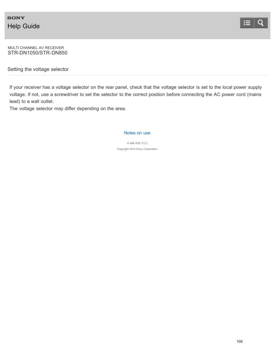 Setting the voltage selector, Help guide | Sony STR-DN1050 User Manual | Page 116 / 379