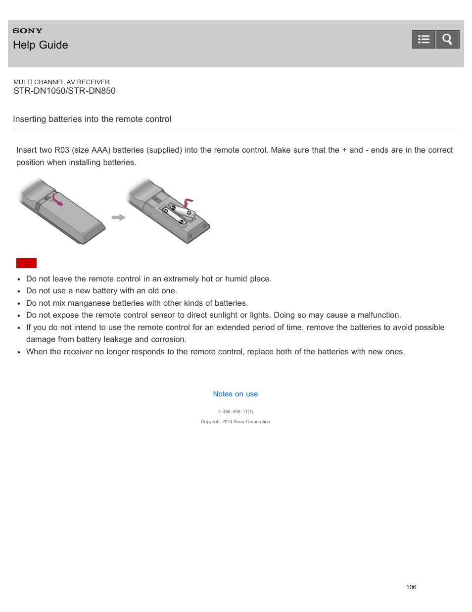 Inserting batteries into the remote control, Help guide | Sony STR-DN1050 User Manual | Page 117 / 379