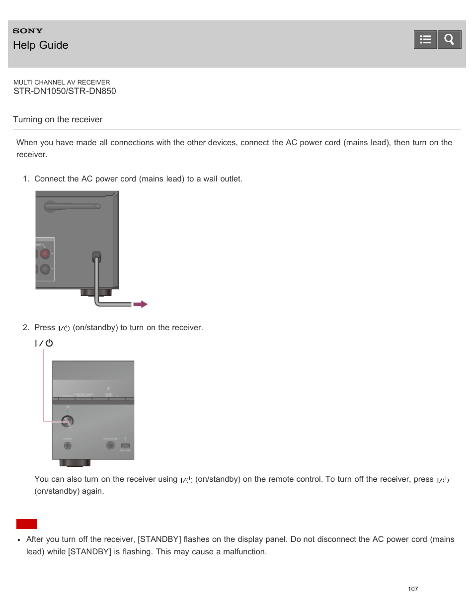 Turning on the receiver, Help guide | Sony STR-DN1050 User Manual | Page 118 / 379